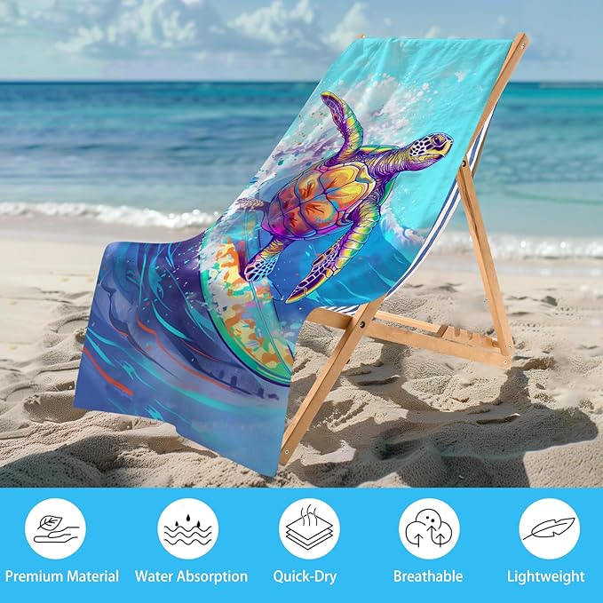 WZOMT Microfiber Turtle Beach Towel Oversized, Funny Sea Turtle Surfing Blue Ocean Pool Towel, Quick Dry Animal Print Bath Towel, Soft Absorbent Towels for Swim Travel Yoga Sports 32x52 Inch
