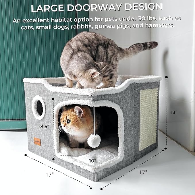Large Cat Bed for Indoor Cats, Foldable Adult Cat Cave Anti Anxiety Cat House Cube with Scratch Pad Cat Towers, Cute Kitten Condo Hideaway Hut with Soft Pillow Mat for 2 Pets Under 30 lbs