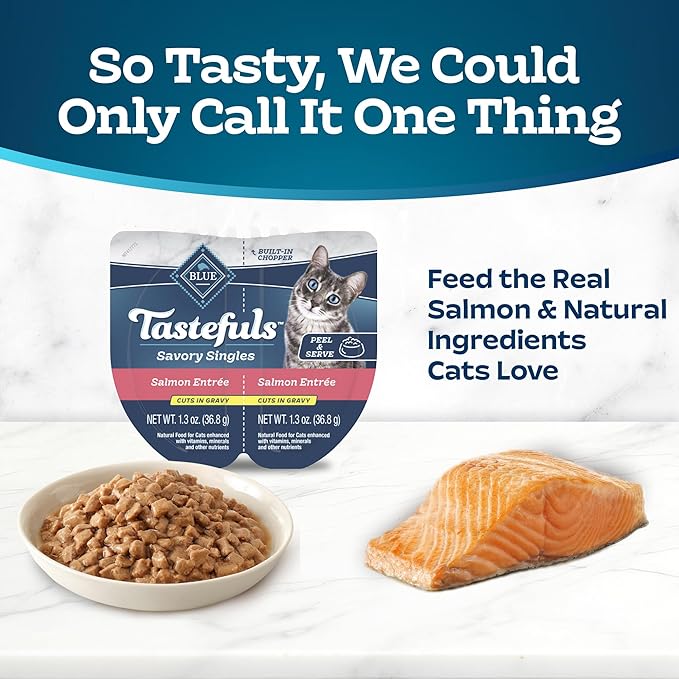 Blue Buffalo Tastefuls Savory Singles Natural Wet Cat Food in Gravy, 2.6-oz. Twin-Pack Tray, Salmon Entreé (24 Count)