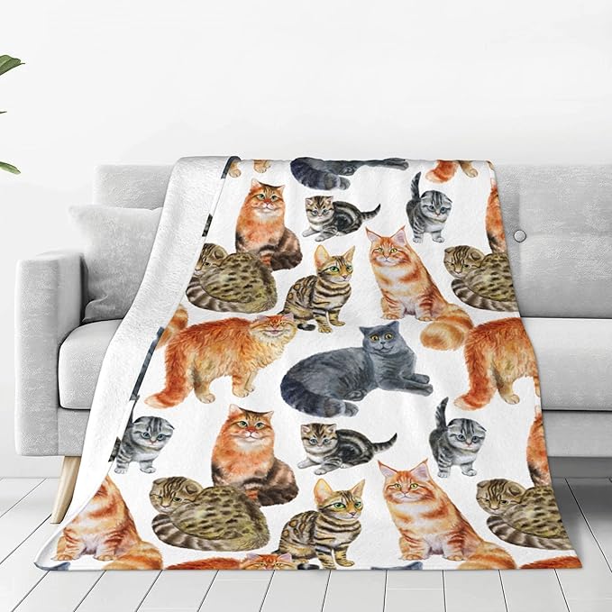 Cute Kids Cats Print Blanket Throw 60"X50", Plush Flannel Blankets with Cats On It, Gifts for Kids Women Cat Lovers People