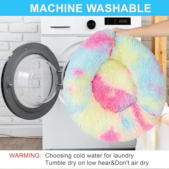 Dog Bed Calming Dog Beds for Small Medium Large Dogs - Round Donut Washable Puppy Dog Bed, Anti-Slip Faux Fur Fluffy Donut Cuddle Anxiety Cat Pet Bed(32'' Color)