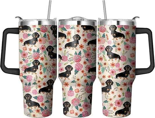 40 Oz Dachshund Tumbler With Handle and Straw, Double Wall Stainless Steel Mug, Coffee Mug for Dog Lovers, Dad or Mom Tumbler, Gifts for Women and Men