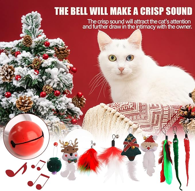 HOSUKKO 10PCS Cat Toys for Christmas Catnip Toys Interactive Feather Toys for Indoor Cats Replaceable Kitten Feather Toys with Ring Bells Retractable Cat Wand Colorful Cute Kitten Toys Gift
