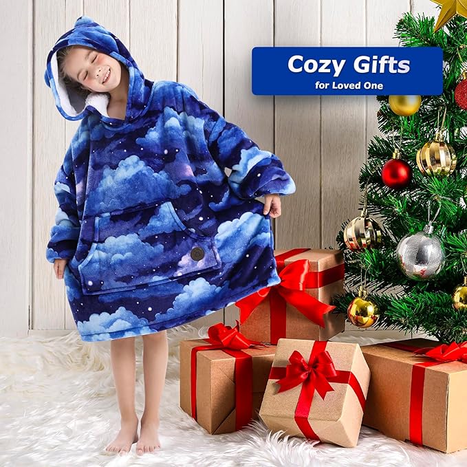 THREE POODLE Wearable Blanket Hoodie for Kids, Oversized Sherpa Sweatshirt Blanket with Giant Hood, Warm Cozy Hooded Blanket, Cute Gifts for Kids Girls Boys