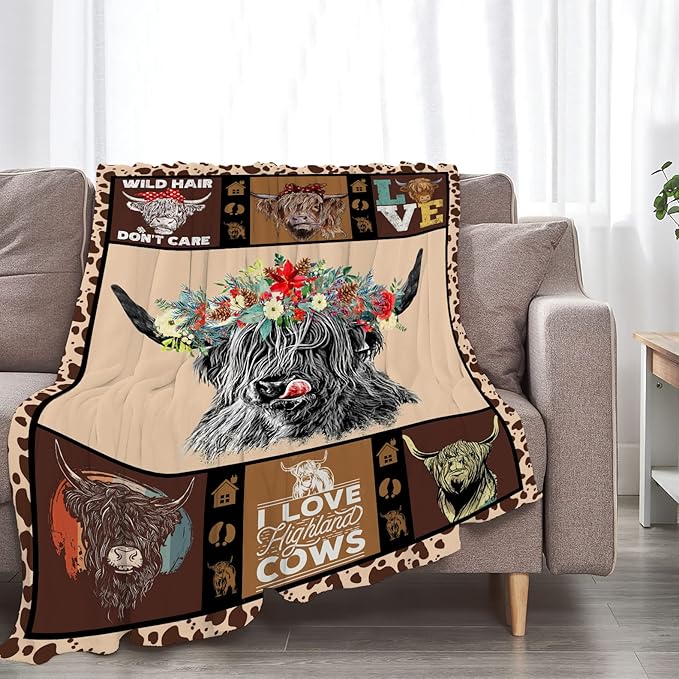 Highland Cow Throw Blanket Gifts for Women Adults Print Ultra Soft Cozy Plush Fleece Warm Lightweight Living Room Decor 40''X50''