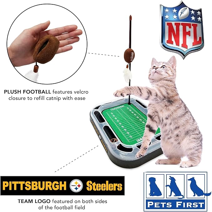 BEST CAT TOY NFL Pittsburgh Steelers Football Field CAT Scratcher Toy with Catnip Filled Plush Football Toy & Feather Cat Toy Hanging, with Jingle Bell Interactive Ball Cat Chasing 5-in-1 Kitty Toy