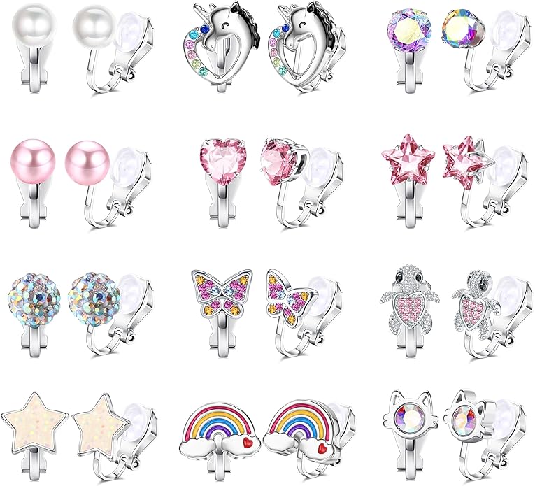 BESTEEL 12 Pairs Clip on Earrings for Women Cute CZ Cat Pearl Star Heart Turtle Butterfly Clip Earring Hypoallergenic Fake Clip-on Stud Non Pierced Earrings Set Multicolored Silver