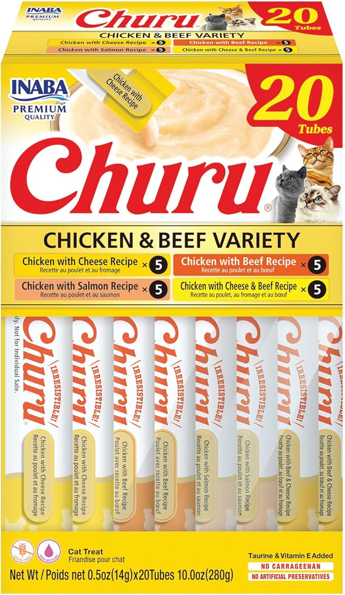 INABA Churu Cat Treats, Grain-Free, Lickable, Squeezable Creamy Purée Cat Treat/Topper with Vitamin E & Taurine, 0.5 Ounces Each Tube, 20 Tubes, Chicken & Beef Variety Box