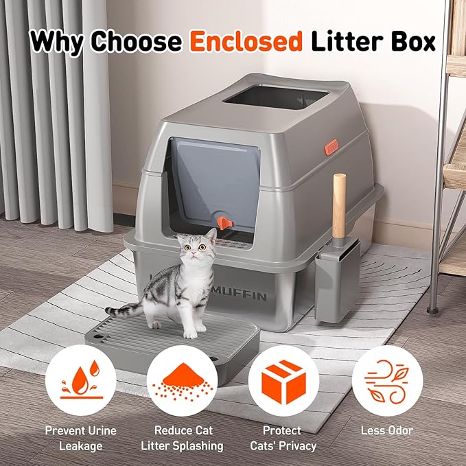 3 in 1 Premium Stainless Steel Cat Litter Box with Removable Lid, Enclosed XL Extra Large High-Sided Metal Box for Big Kitty with Scoop, Top Entry, Odor Control, Anti-Leakage, Non-Sticky & Easy Clean