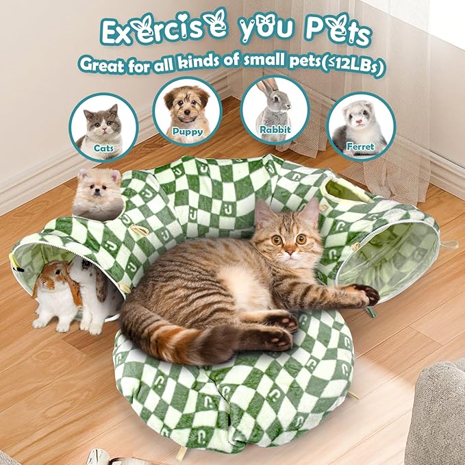 Cat Tunnel Bed for Indoor Cats, Cat Donut Tunnel with Straight Tunnel, Washable Circle Cushion, 4 Hanging Balls and 6 Peek Holes, Collapsible Pet Play Tunnel Toy, Green