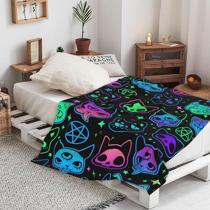 Cat Witchcraft Cartoon Blanket, Soft Blankets Flannel Bed Throw Cozy Lightweight Plush Gifts for Boys Girls Women Men Sofa Couch Bedroom Living Rooms Warm All Season, Home Decor, 60"x50"