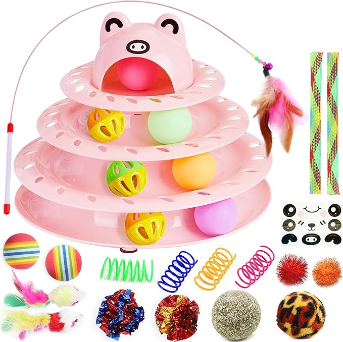Suhaco 26 Pack Cat Toys Interactive for Indoor Cats Kitten Toy Fun Roller 4 Level Cat Teaser Ball Toys with 4 Colorful Balls Cat Feather Wand Kitty Toy Set for Boredom (Pink)