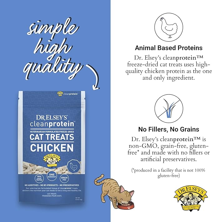 Dr. Elsey's Clean Protein Chicken Cat Treats - Freeze Dried Cat Food for All Cats - Chunky Healthy Cat Food w/Natural Ingredients, No Filler & Grains Cat Dry Food for Traning (0.5oz)