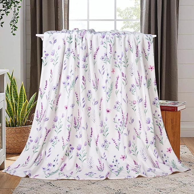 Purple Lavender Floral Throw Blanket Flower Botanical Throw Blankets Ultra Soft Cozy Flannel Throw Blanket Lightweight Fleece Fuzzy Plush Throw Blankets for Bed Chair Couch 50" X 60"