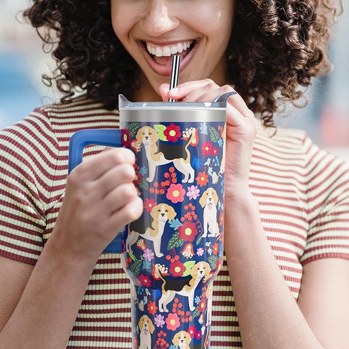 Beagle Gifts for Women Dog Lovers 40 oz Floral Beagle Tumblers with Handle and Straw, Stainless Steel Vacuum Insulated Travel Coffee Mug Cup Water Bottle