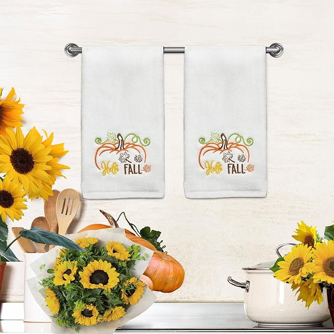 Hexagram Fall Hand Towels Set of 2, Hello Fall Bathroom Embroidered Towels, Pumpkin Hand Towel for Bathroom 14" x 30", Autumn Decorations for Home