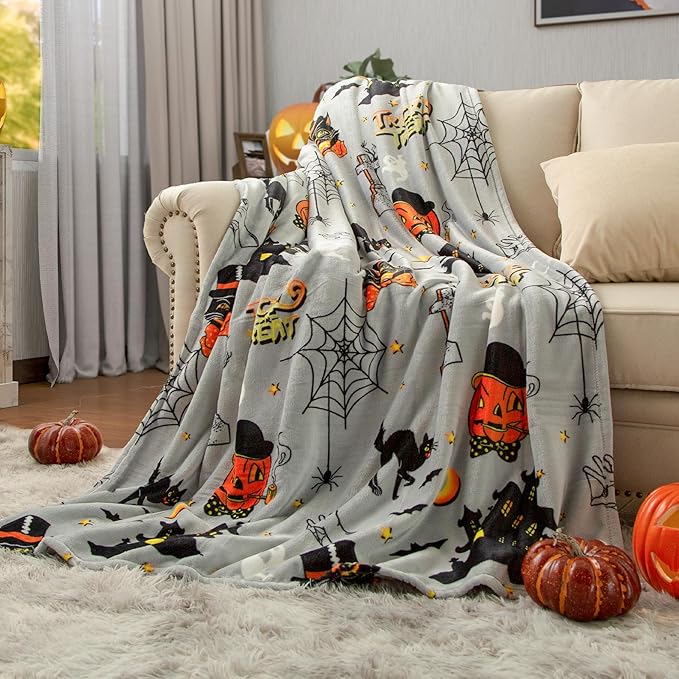 Pumpkin Halloween Throw Blanket 50” x 70” Reversible Castle Cat Bat Print Fleece Throw Blanket, 320 GSM Surper Soft Warm Cozy Blanket for Couch Sofa, Halloween Harvest Gifts and Orange Home Decor