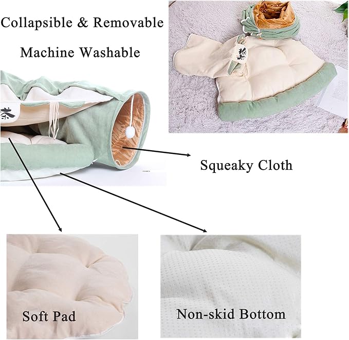 Cat Toys Collapsible Tunnel Bed Cozy Cave, Round Cuddle Snuggery Burrow Pet Litter House Bed Channel Removable Cover for Indoor Rabbits, Kittens and Dogs - Green