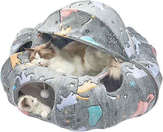 JIUPETY Cat Tunnel Bed with Soft Plush Mat, Collapsible Tube Playground, Cat Cave Bed Tunnel for Indoor Cats, Kitten, Rabbit, Ferret, Fluffy Plush Material, Includes Dangling Balls, Cave Grey B