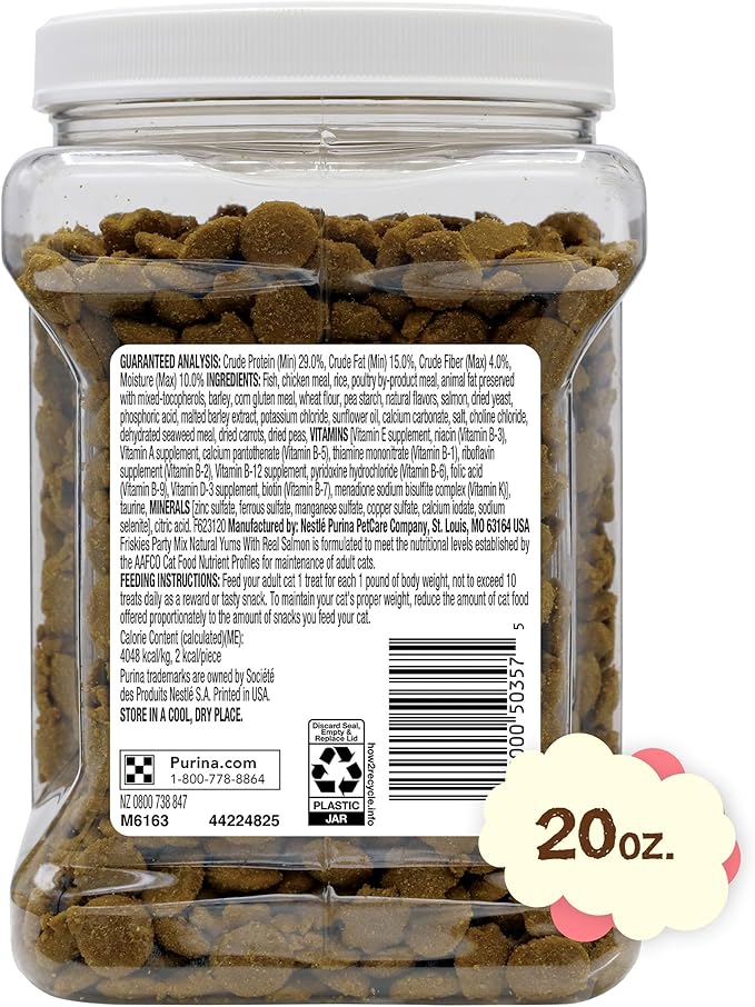 Purina Friskies Natural Cat Treats Party Mix Natural Yums With Real Salmon and Added Vitamins, Minerals and Nutrients - 20 Oz. Canister