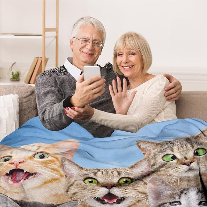 Cartoon Selfie Cat Flannel Fleece Bed Blanket, Kitten Fleece Throw Blanket for Cat Lovers, Cat Blankets for Women, Men and Kids Super Soft Plush Cat Blanket Throw for Sofa Couch Bedroom(60" X 80")