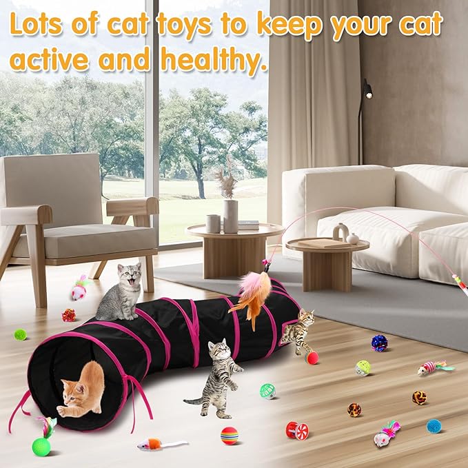 Poen 22pcs Cat Toys Kitten Toys Set with 2 Collapsible Cat Tunnel Toy and 20 Interactive Kitty Toys Cat Feather Toy, Fluffy Mouse, Crinkle Balls, for Cat Kitten Puppy (Rose Red, Black)
