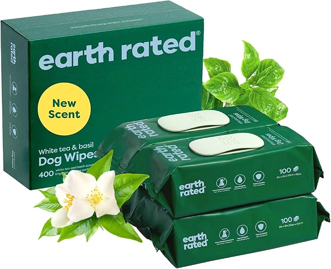 Earth Rated 3-in-1 Pet Grooming Wipes, Cleaning, Deodorizing & Hydrating for Paws, Body, and Butt, Perfect for Dogs & Cats, White Tea and Basil Scent, 400 Count