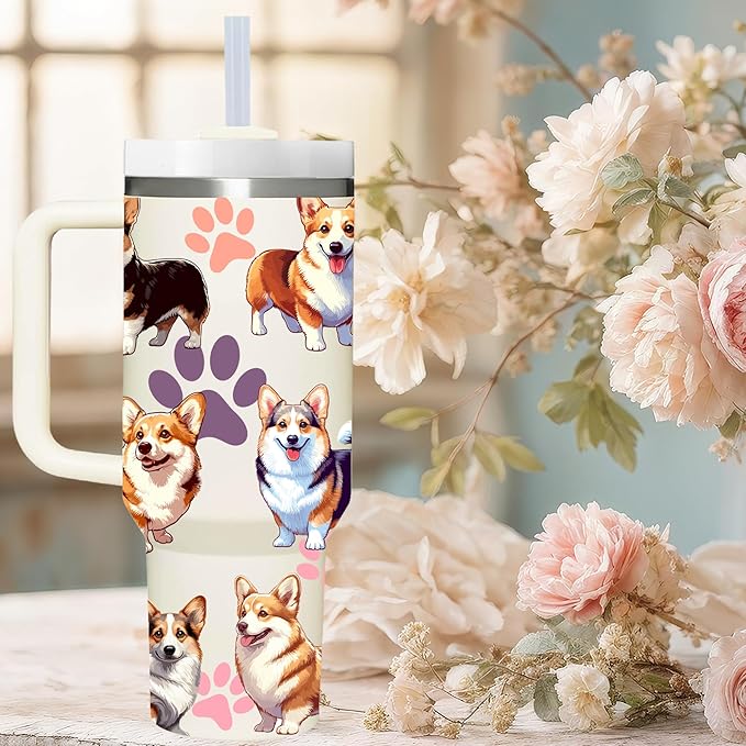 40 OZ Corgi Tumbler with Handle.Dog Lover Gifts.Unique Birthday Christmas Gifts for Dog Lover.Personalized 40 OZ Dog Tumbler Gifts for Women Men.