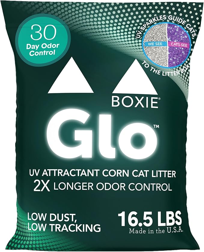 Boxie® Glo™ Natural Attractions 30 Day Odor Control Clumping Corn Cat Litter, 16.5 lb, 99.9% Dust-Free, Plant-Based, Lightweight, Strong Clumping, UV Light Attractant for Litter Box Use