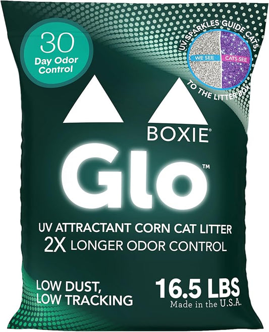 Boxie® Glo™ Natural Attractions 30 Day Odor Control Clumping Corn Cat Litter, 16.5 lb, 99.9% Dust-Free, Plant-Based, Lightweight, Strong Clumping, UV Light Attractant for Litter Box Use
