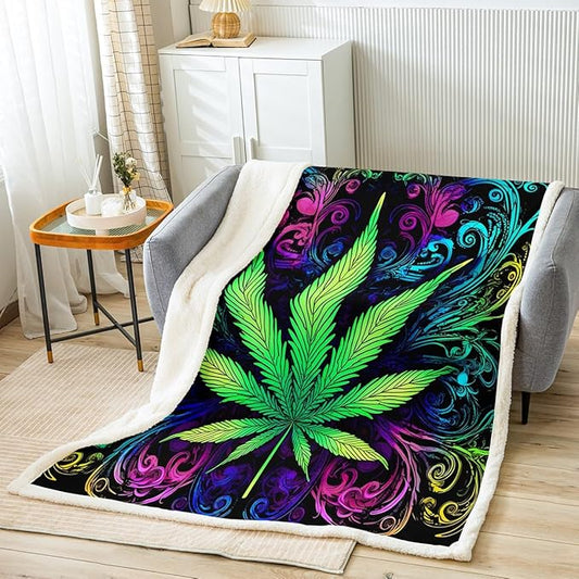 Feelyou Throw Blanket Marijuana Weed Fleece Blanket Men Cannabis Leaf Sherpa Blanket for Sofa Couch Bed Trippy Marijuana Leaf Decor Plush Blanket Ultra Soft Kids Adults Fuzzy BlanketThrow 50"x60"