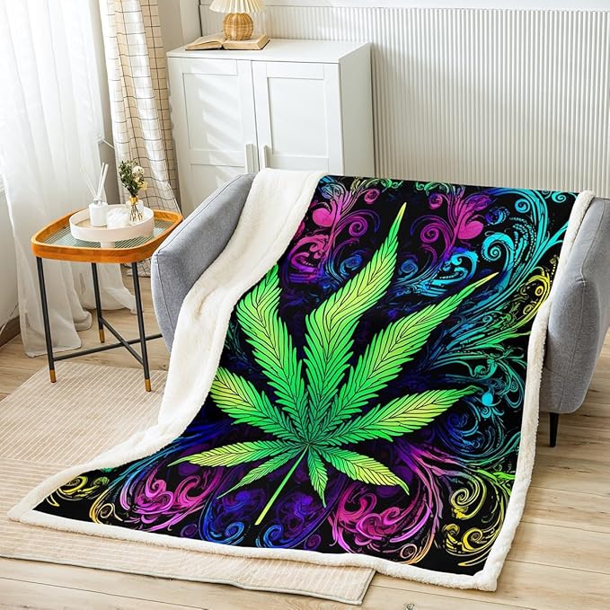 Feelyou Marijuana Weed Fleece Blanket Men Cannabis Leaf Sherpa Throw Blanket for Sofa Couch Bed Decor Colorful Marijuana Leaf Design Warm Plush Blanket Psychedelic Fuzzy Blanket Ultra Soft 40"x50"