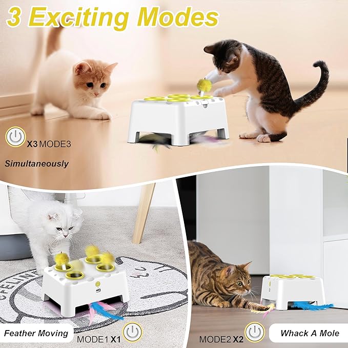 Cat Toys, Interactive Cat Toys, 2-in-1 Automatic Cat Toy, 4 Holes Mice Whack A Mole Cat Mouse Toy with Moving Feather, Portable USB Rechargeable Electronic Kitten Toys (White & Yellow)