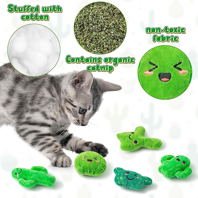 MALLMALL6 Catnip Toys for Cat - 5Pcs Cactus Prickly Plants Catmint Interactive Cat Toy for Indoor Cats, Soft Plush Green Cat Supplies, Kitten Teething Chew Toy Set, Cute Pet Gifts for Cat Lover