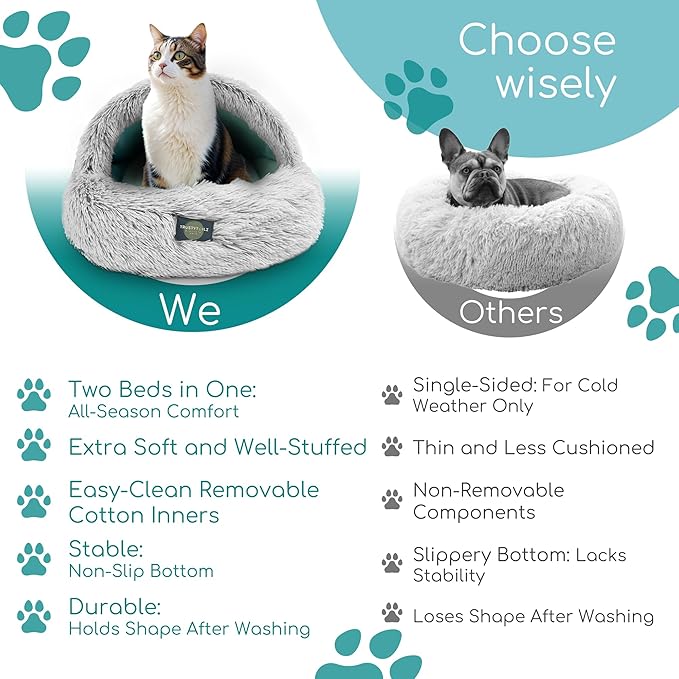 TrustyTailz Cozy Cave Dog Bed and Cat Cave Bed with Hooded Cover, Snap-in Frame, Washable and Removeable, Plush Grey Fluffy Cover Indoor Cats or Small Dog Beds, Non-Slip Base (Small)
