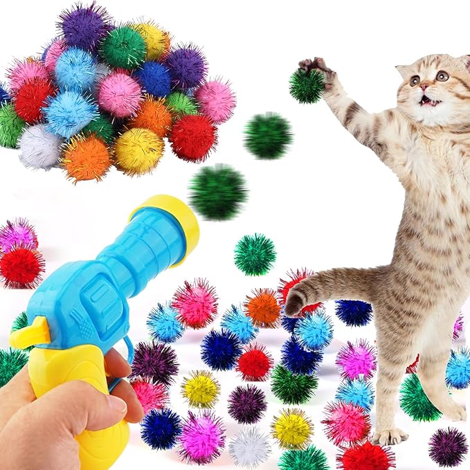 Dorhui Cat Toy Gun Launcher, 30 Pcs Sparkle Pom Pom Balls for Cat and Cat Ball Launcher, Cat Fetch Toy Gun Shooter, cat Toys for Indoor Cats, Interactive Glitter Pom Pom Balls for Kitty Gifts