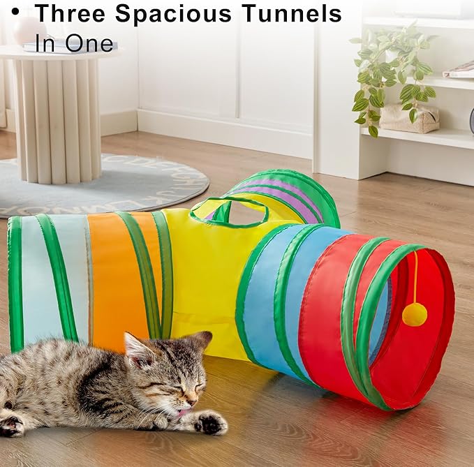 Love's cabin Cat Tunnel Tube Cat Toys 3 Way Collapsible, Cat Tunnels for Indoor Cats，Kitten Tunnel Bored Cat Play Tunnel with Peek Hole Toy Ball for Cat, Kitty, Kitten, Rabbit, Puppy Rainbow