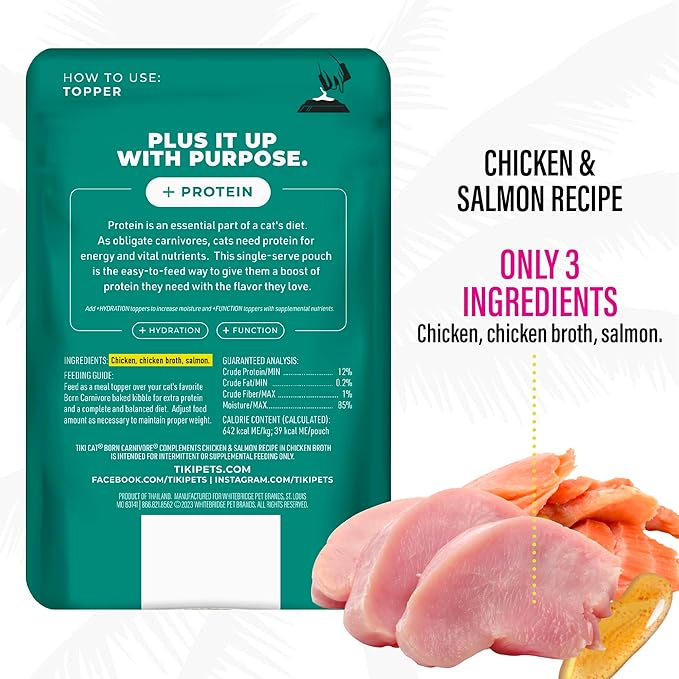 Tiki Cat Born Carnivore Complements Wet Cat Food Topper, Chicken & Salmon 2.1 oz Pouch (12 Count)