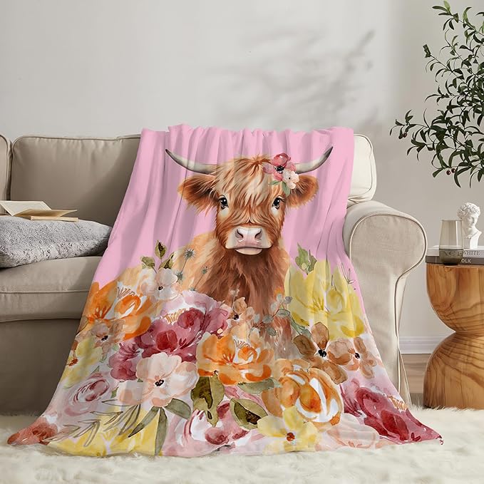 Highland Cow Blanket Ultra Soft Cozy Longhorn Cow Throw Blanket Fleece Fuzzy Plush Bedding Cow Lovers Gifts for Women Girls Kids Adults 80"x60"