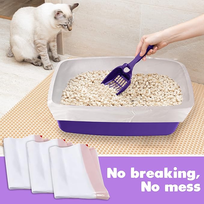 Alfapet Flat Bottom Cat Litter Box Liners, Pack of 20 - Super Heavy Duty Kitty Litter Bags with Drawstring for Poop and Liquid Waste - Jumbo Design for Extra Large Cat Pans