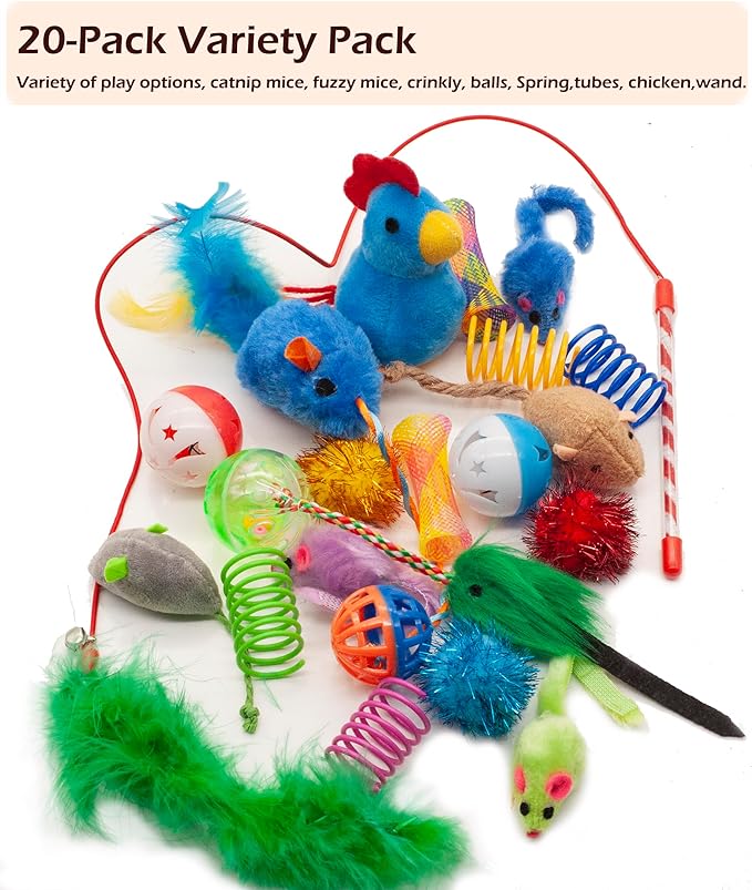 Fashion's Talk Cat Toys, Kitty Variety Pack for Kitten Cats, 20 Count Plush, Teaser & Ball Catnip Mice Cat Spring
