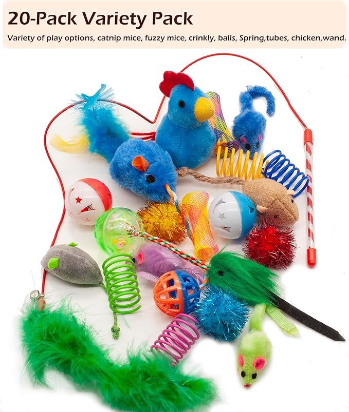 Fashion's Talk Cat Toys, Kitty Variety Pack for Kitten Cats, 20 Count Plush, Teaser & Ball Catnip Mice Cat Spring