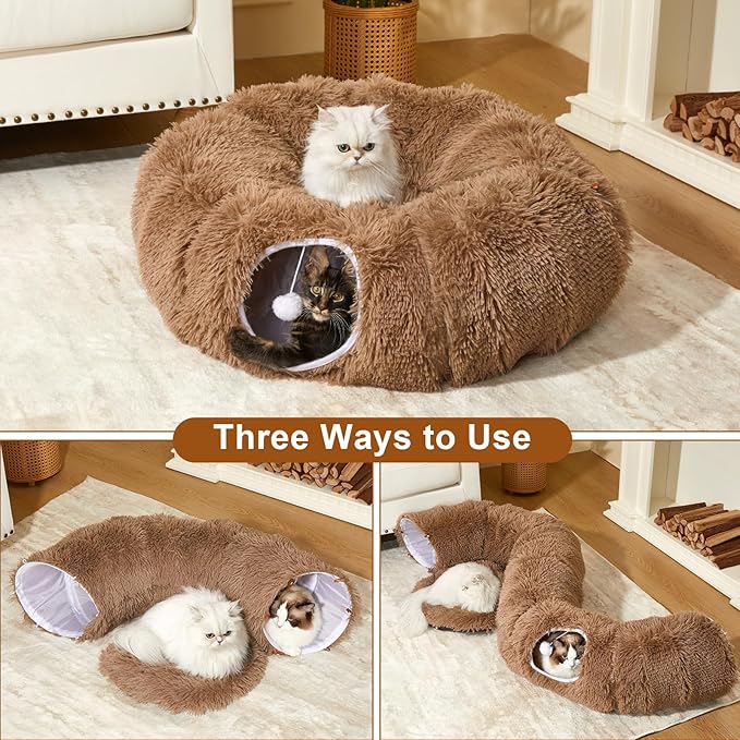 Cat Tunnel Bed for Indoor Cats Peekaboo Cat Cave Donut Tunnel for Cat with Washable Circle Cushion Interior Cat Play Tunnel (34 Inch, Brown)