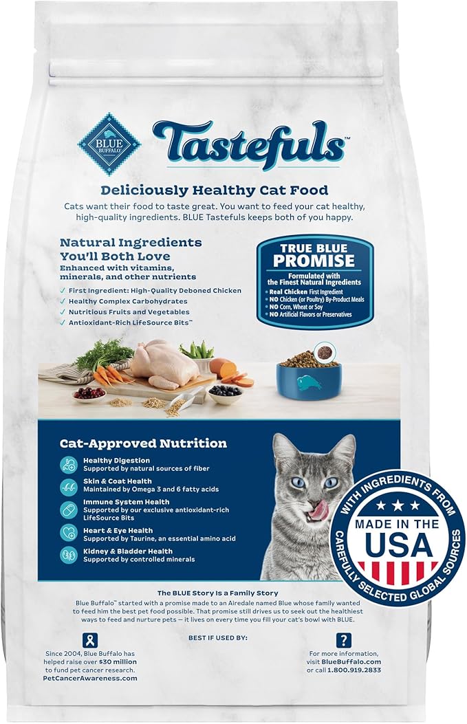 Blue Buffalo Tastefuls Natural Dry Food for Active Adult Cats, Chicken and Brown Rice Recipe, 15-lb. Bag