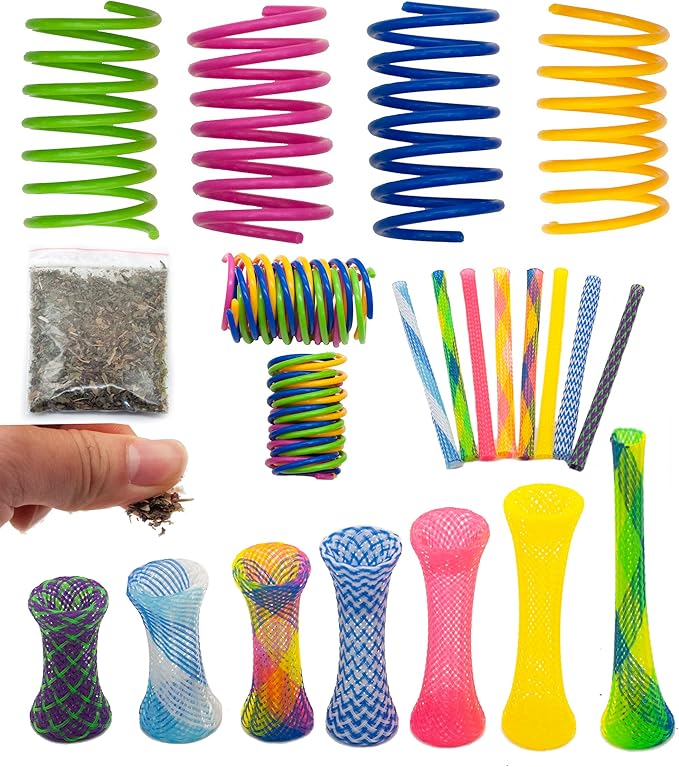 Fashion's Talk 49PCS Cat Spring Toy for Kitten Catnip Bag Mesh Tubes Spring Cat Toy Bulk for Indoor Cats Kitty