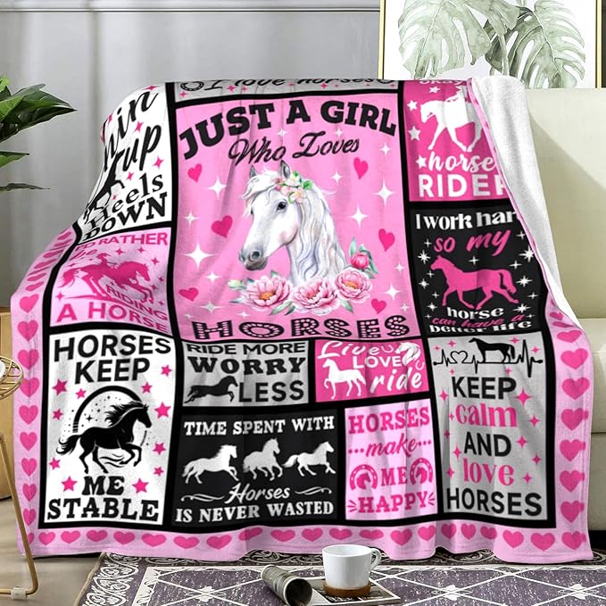 Horse Gifts Blanket Just A Girl Who Loves Horses Themed Blankets for Horse Lovers Adults Women Girls Christmas Birthday Gifts Decor Throw Blanket 50"X40"