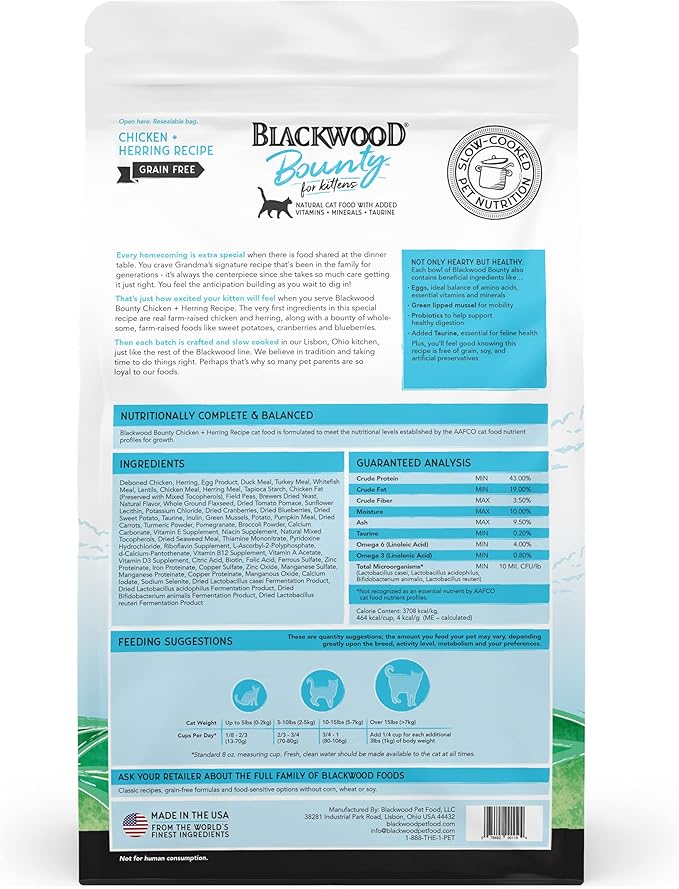 Blackwood Bounty Kitten Food Made in USA Slow Cooked Kitten Dry Food [Natural Kitten Food with Superfood Ingredients for Food Sensitivities and Immune Health], Chicken and Herring Recipe, 3 lb. Bag