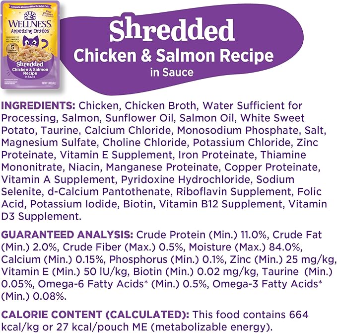 Wellness® Appetizing Entrées™ Shredded Chicken & Salmon Recipe in Sauce Natural Wet Cat Food, 1.4 oz Pouch (Pack of 8)