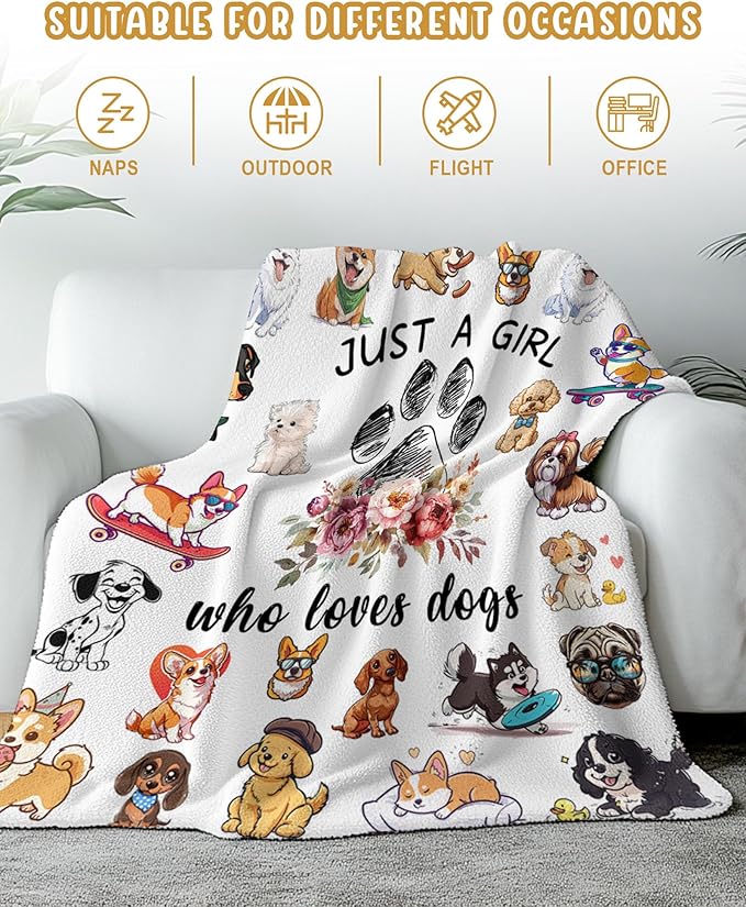 Dog Lovers Gifts for Women, Just A Girl Who Loves Dogs, Blanket with Dogs On It, Dog Lover Blankets for Girls, Puppys Gifts for Women Girl Kids, Puppys Theme Blanket 60" X 80"