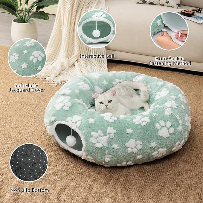 Cat Tunnel for Indoor Cats, Cute Peekaboo Cat Cave Play Tunnel with Dangling Balls, Pet Donut Tunnel Bed with Circle Mat for Cat Puppy Kitten Rabbit, Green